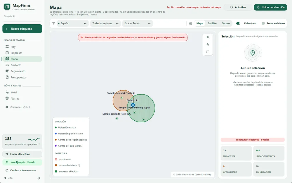 Mapa con grupos de empresas y círculos de cobertura (datos de ejemplo)